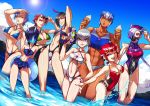  6+girls ;) abs ahoge annotated armpits bangs bikini black_hair blue_hair blue_sky braid breakdown breasts cleavage competition_swimsuit dark_skin decepticon dog_tags dreadwing flat_chest gas_mask genderswap genderswap_(mtf) green_bikini grin hair_over_one_eye hand_on_hip highres ice_cream_cone knockout_(transformers) large_breasts lens_flare medium_breasts megatron multicolored_hair multiple_girls muscle muscular_female nail_polish navel navel_cutout ocean one-piece_swimsuit one_eye_closed open_mouth personification purple_hair purple_nails red_eyes redhead ryuusei_(mark_ii) shockwave_(transformers) short_hair single_braid sky skyquake small_breasts smile soundwave starscream streaked_hair summer sunglasses swimsuit tankini transformers two-tone_hair visor water water_gun white_hair yellow_eyes 