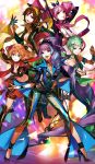  5girls blue_eyes bodysuit breasts choker earrings freyja_wion green_eyes green_hair hair_ornament hairband hairclip high_heels jewelry kaname_buccaneer key_visual large_breasts looking_at_viewer macross macross_delta makina_nakajima medium_breasts mikumo_guynemer mita_chisato multicolored_hair multiple_girls open_mouth orange_eyes orange_hair pink_hair ponytail purple_hair red_eyes redhead reina_prowler short_hair skirt small_breasts smile two-tone_hair walkure_(macross_delta) 