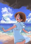  absurdres aomushi_(mushamusha) ass bangs beach blouse blue_eyes bra_strap brown_hair clouds cloudy_sky day eyebrows_visible_through_hair from_behind girls_und_panzer highres no_pants ocean ooarai_school_uniform open_mouth outdoors outstretched_arms panties red_panties sakaguchi_karina school_uniform see-through serafuku short_hair short_sleeves sketch sky smile spread_arms standing thong_panties underwear white_blouse 