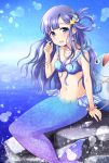  1girl asari_nanami blue_eyes blue_hair blush breasts cleavage fish fish_hair_ornament hair_ornament highres idolmaster idolmaster_cinderella_girls jewelry lens_flare long_hair looking_at_viewer mermaid monster_girl navel ocean open_mouth small_breasts smile solo youme 
