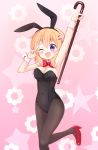  1girl ;d animal_ears arm_up armpits bangs black_legwear black_leotard blush bow bowtie breasts bunny_girl bunny_tail bunnysuit cane cleavage commentary_request detached_collar eyebrows_visible_through_hair fake_animal_ears gochuumon_wa_usagi_desu_ka? hair_ornament hairclip high_heels highres holding hoto_cocoa leotard looking_at_viewer massala medium_breasts one_eye_closed open_mouth orange_hair pantyhose pink_background rabbit_ears red_footwear red_neckwear short_hair smile solo standing standing_on_one_leg star starry_background tail v_over_eye violet_eyes wrist_cuffs 