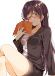  &gt;;) 1girl \||/ bespectacled black_jacket blush book breasts cleavage commentary_request formal glasses green_eyes holding holding_book jacket legs_crossed long_hair long_sleeves looking_at_viewer love_live! love_live!_school_idol_project medium_breasts mogu_(au1127) one_eye_closed open_book pencil_skirt purple_hair red-framed_eyewear simple_background sitting skirt skirt_suit smile solo suit teacher toujou_nozomi under-rim_eyewear white_background 