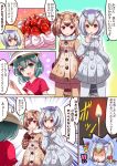  3girls blue_eyes blue_hair blush brown_eyes brown_hair bucket_hat cake candle comic eurasian_eagle_owl_(kemono_friends) eyebrows_visible_through_hair food fruit grey_hair hat kaban_(kemono_friends) kemono_friends looking_at_another looking_away multiple_girls northern_white-faced_owl_(kemono_friends) open_mouth shin_mai short_hair smile speech_bubble strawberry sweatdrop translation_request yellow_eyes 