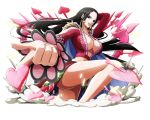  1girl black_eyes black_hair boa_hancock bodskih breasts cleavage collarbone floating_hair heart hips huge_breasts index_finger_raised long_hair looking_at_viewer one_leg_raised one_piece parted_lips red_skirt shiny shiny_skin skirt smile solo standing standing_on_one_leg thighs transparent_background very_long_hair 