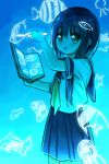  1girl :o bangs black_hair blue blue_background blue_skirt blush book commentary_request cowboy_shot drawing eyebrows_visible_through_hair flying_fish glowing green_eyes hair_between_eyes holding holding_book long_hair looking_away magic neckerchief open_book original parted_lips pleated_skirt school_uniform serafuku shirt short_sleeves skirt solo white_shirt yellow_neckwear yuuhagi_(amaretto-no-natsu) 