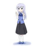  1girl bangs black_skirt blue_bow blue_eyes blue_footwear blue_hair blue_vest blush bow closed_mouth collared_shirt commentary_request double_v eyebrows_visible_through_hair full_body gochuumon_wa_usagi_desu_ka? hair_ornament jitome kafuu_chino kneehighs long_hair long_sleeves looking_at_viewer mary_janes rabbit_house_uniform red_star_(toranecomet) shirt shoes simple_background skirt solo standing v very_long_hair vest white_background white_legwear white_shirt x_hair_ornament 