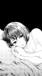  1girl bangs bare_arms bare_shoulders bed bed_sheet black_background bra breasts cleavage commentary_request dutch_angle eyebrows_visible_through_hair greyscale highres looking_at_viewer lying medium_breasts monochrome nikaidou_kou on_bed on_side original parted_lips pillow short_hair simple_background solo underwear 