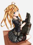  1girl :t abukuma_(kantai_collection) belt bike_shorts black_gloves blonde_hair blue_eyes blush box closed_mouth double_bun essa_sazhka gloves grey_background hair_rings highres kantai_collection long_hair looking_at_viewer looking_to_the_side machinery neckerchief on_box partly_fingerless_gloves pleated_skirt pout remodel_(kantai_collection) school_uniform serafuku short_sleeves shorts_under_skirt simple_background sitting skirt solo tareme turret twintails 