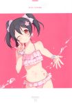  1girl 6u_(eternal_land) \m/ absurdres bikini black_hair blush breasts halterneck highres looking_at_viewer love_live! love_live!_school_idol_project one_eye_closed red_eyes short_hair simple_background small_breasts smile solo splashing swimsuit twintails yazawa_nico 