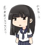  1girl bangs blunt_bangs brown_eyes brown_hair chibi commentary_request hatsuyuki_(kantai_collection) hime_cut kantai_collection long_hair looking_at_viewer neckerchief niwatazumi open_mouth pleated_skirt short_sleeves sidelocks skirt solo translated white_background 