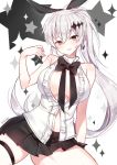  1girl artist_name bare_shoulders blush bow breasts brown_eyes cleavage five-seven_(girls_frontline) girls_frontline hair_between_eyes hair_ornament jewriel large_breasts long_hair looking_at_viewer open_clothes open_shirt parted_lips ponytail shirt silver_hair skirt smile solo twitter_username 