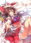  1girl :d arm_up ascot bangs bell blush bow breasts brown_hair detached_sleeves eyebrows_visible_through_hair flower gohei hair_between_eyes hair_bow hair_tubes hakurei_reimu holding long_hair long_sleeves looking_at_viewer medium_breasts midriff navel open_mouth petals red_bow red_eyes red_skirt ribbon-trimmed_sleeves ribbon_trim riichu sidelocks skirt skirt_set smile solo touhou white_background wide_sleeves 