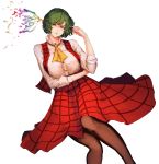  1girl absurdres ascot closed_mouth collared_shirt commentary_request cowboy_shot finger_to_head green_hair hand_up head_tilt highres kazami_yuuka kikimifukuri knees_up lips long_skirt long_sleeves looking_at_viewer lying on_back pantyhose plaid plaid_skirt plaid_vest red_eyes shirt short_hair simple_background skirt skirt_set smirk solo touhou vest wavy_hair white_background white_shirt 