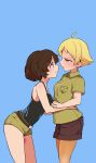  2girls absurdres akiyama_yukari aomushi_(mushamusha) bangs black_belt black_shirt black_shorts blonde_hair blue_background blush brown_eyes brown_hair brown_shirt brown_shorts camisole closed_mouth collared_shirt commentary_request cowboy_shot erwin_(girls_und_panzer) eyebrows_visible_through_hair face-to-face from_side girls_und_panzer highres hug leaning_forward looking_at_another messy_hair multiple_girls no_hat no_headwear parted_lips pointy_hair shirt short_hair short_shorts short_sleeves shorts simple_background sketch smile standing tattoo yellow_eyes yuri 