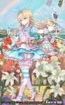  1girl alice_(wonderland) apron blonde_hair blue_eyes boots butterfly card copyright_name dagger day dress flower force_of_will hairband highres leaf long_hair mountain official_art rainbow sky solo star weapon wednesday_(starsilver) 