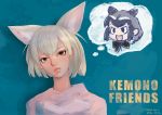  &gt;:d 2017 2girls :d animal_ears artist_name bangs black_bow black_eyes black_hair black_neckwear blonde_hair blue_background bow bowtie closed_mouth common_raccoon_(kemono_friends) copyright_name dated eyebrows eyelashes facing_viewer fennec_(kemono_friends) fox_ears grey_hair hair_between_eyes head_tilt kemono_friends lips looking_at_viewer multicolored_hair multiple_girls nose open_mouth pink_lips pink_shirt platinum_blonde raccoon_ears realistic red_eyes roonhee shirt short_hair smile thought_bubble upper_body white_hair 