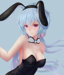  1girl animal_ears bangs bare_shoulders bent_elbow black_clothes blue_hair blush bow bowtie breasts bunnysuit cleavage closed_mouth collarbone eyebrows fake_animal_ears faker_(pili524) hairband highres large_breasts long_hair looking_at_viewer pink_eyes rabbit_ears senki_zesshou_symphogear solo upper_body white_neckwear yukine_chris 