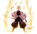  1boy abs aura bare_shoulders belt black_shirt blonde_hair boots dragon_ball dragon_ball_super gloves green_eyes highres impossible_clothes male_focus monkey_tail muscle official_style open_mouth puffy_pants shirt sleeveless sleeveless_shirt solo spiky_hair super_saiyan tail tasaka_shinnosuke vegeta white_background white_gloves 