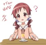  1girl :d ? bangs blush candle collarbone collared_dress commentary_request dated dress eyebrows_visible_through_hair flat_chest food fork gochuumon_wa_usagi_desu_ka? hair_ornament hair_scrunchie head_tilt holding holding_fork holding_spoon long_hair long_sleeves looking_at_viewer mochi natsu_megumi open_mouth parted_bangs pink_dress plate red_eyes red_star_(toranecomet) redhead ribbon-trimmed_collar ribbon_trim scrunchie smile solo spoon table twintails upper_body wagashi wavy_hair white_background 