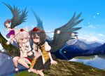  3girls animal_ears bare_legs bare_shoulders black_footwear black_skirt black_wings blue_sky brown_hair day detached_sleeves feathered_wings gotoh510 hat himekaidou_hatate inubashiri_momiji lake midriff miniskirt multiple_girls outdoors pom_pom_(clothes) puffy_short_sleeves puffy_sleeves purple_skirt red_eyes shameimaru_aya short_hair short_sleeves sitting skirt sky smile tokin_hat touhou twintails white_hair wings wolf_ears 