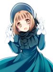  1girl :d arms_up bangs beatrice_(princess_principal) black_scarf blue_dress blue_hat blunt_bangs bonnet brown_eyes brown_hair commentary_request dress eyebrows_visible_through_hair gloves hat juliet_sleeves kurosawa_kiyotaka leaning_to_the_side long_sleeves looking_at_viewer open_mouth princess_principal puffy_sleeves scarf simple_background smile solo white_background white_gloves 