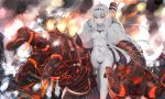  1girl armor boots breasts cloak fire firing hair_ornament highres kantai_collection long_hair looking_at_viewer mechanical mechanical_arms mechanical_hand mechanical_hands medium_breasts no_bra northern_water_hime ocean panties ponytail red_eyes shinkaisei-kan shiro_usagi silver_hair smoke solo thigh-highs thigh_boots turret underwear very_long_hair weapon white_cloak white_legwear 