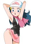  1girl armpits beanie blue_eyes blue_hair blush hainchu hat hikari_(pokemon) long_hair no_panties pink_skirt pokemon pokemon_(anime) simple_background skirt solo white_background 