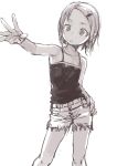  1girl @_@ absurdres bare_arms bare_shoulders camisole contrapposto feet_out_of_frame greyscale hair_ornament hairclip hand_on_hip highres looking_at_viewer monochrome outstretched_arm short_hair short_shorts shorts simple_background solo white_background yamamoto_souichirou 