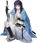  1boy black_hair blood blue_eyes haori injury japanese_clothes katana kimono kiwame_(touken_ranbu) kumita_(sumica) male_focus mole mole_under_eye official_art one_knee sandals scarf sword torn_clothes torn_kimono touken_ranbu weapon yamato-no-kami_yasusada 