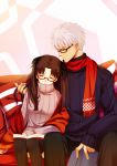  1boy 1girl archer bespectacled black_hair book closed_eyes dark_skin fate/stay_night fate_(series) glasses hair_ribbon highres long_hair ribbed_sweater ribbon scarf shawl sitting sweater tohsaka_rin turtleneck turtleneck_sweater two_side_up under-rim_eyewear white_hair yaoshi_jun 