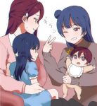  4girls \o/ arms_up baby bangs bib blue_dress blue_hair child dress family hair_ornament hairclip half_updo if_they_mated long_sleeves love_live! love_live!_sunshine!! multiple_girls one_eye_closed onesie outstretched_arms red_eyes sakurauchi_riko sellel short_sleeves side_bun sitting sitting_on_lap sitting_on_person smile sweatdrop sweater tsushima_yoshiko v violet_eyes yuri 