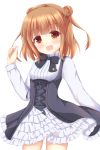  1girl :d bangs beatrice_(princess_principal) black_dress black_neckwear blunt_bangs blush bow bowtie breasts brown_eyes brown_hair commentary_request cowboy_shot double_bun dress eyebrows_visible_through_hair frilled_skirt frills hand_up head_tilt kedama_(kedama_akaza) layered_skirt long_sleeves looking_at_viewer open_mouth princess_principal shirt simple_background skirt small_breasts smile solo standing white_background white_shirt white_skirt 