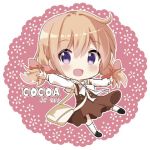  1girl bag bangs blush bow brown_footwear brown_skirt character_name chibi doily eyebrows_visible_through_hair full_body gochuumon_wa_usagi_desu_ka? hair_bow handbag hoto_cocoa long_hair long_sleeves looking_at_viewer massala open_mouth orange_hair outline outstretched_arms pink_background pink_bow sailor_collar shirt short_twintails skirt smile solo spread_arms suspender_skirt suspenders twintails violet_eyes white_legwear white_outline white_shirt 