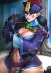  1girl alternate_costume black_hair blush_stickers breasts cleavage dressing facepaint fangs glasses jiangshi jiangshi_mei mei_(overwatch) navel navel_piercing nudtawut_thongmai overwatch panties piercing solo stomach underwear 