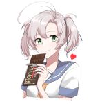  1girl antenna_hair chocolate_bar food green_eyes heart holding holding_food kantai_collection kinugasa_(kantai_collection) morinaga_(harumori) school_uniform serafuku simple_background smile solo twintails white_background 