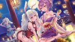  4girls animal_ears ayanami_(azur_lane) azur_lane blush breasts brown_eyes bunny_tail china_dress chinese_clothes cleavage dress feeding full_moon green_eyes hair_ornament highres japanese_clothes javelin_(azur_lane) kimono laffey_(azur_lane) lantern long_hair mask mask_on_head medium_breasts moon multiple_girls off_shoulder open_mouth pillar purple_hair rabbit_ears revision silver_hair small_breasts smile tail teapot twintails violet_eyes yuemanhuaikong z23_(azur_lane) 