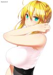  1girl ahoge artoria_pendragon_(all) artoria_pendragon_(lancer) blonde_hair blue_eyes breasts commentary_request fate/grand_order fate_(series) hair_up hand_in_hair highres large_breasts looking_at_viewer mattari_yufi parted_lips shirt sidelocks sleeveless sleeveless_shirt smile solo twitter_username upper_body white_background 