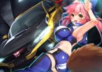  1girl animal_ears bare_shoulders blue_legwear blush breasts car collarbone fate/extra fate_(series) fox_ears fox_tail gedou_(shigure_seishin) ground_vehicle hair_ribbon honda large_breasts looking_at_viewer motor_vehicle open_mouth pink_hair ribbon solo tagme tail tamamo_(fate)_(all) tamamo_no_mae_(fate) yellow_eyes 