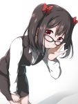  1girl adjusting_eyewear bangs bespectacled black-framed_eyewear black_hair bow commentary_request eyebrows_visible_through_hair formal glasses hair_bow hand_on_own_thigh highres ichiban_no_yagi leaning_forward long_sleeves looking_at_viewer love_live! love_live!_school_idol_project office_lady pencil_skirt red_bow red_eyes short_hair simple_background skirt skirt_suit solo suit twintails vest white_background yazawa_nico 