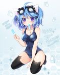  1girl :3 ahoge animal_band_legwear animal_ears bangs bare_arms bare_shoulders between_legs black-framed_eyewear black_legwear blue_hair blue_swimsuit blush breasts cat_band_legwear cat_ears cleavage collar collarbone covered_navel food full_body furrowed_eyebrows goggles goggles_on_head hand_between_legs holding holding_food jitome looking_at_viewer medium_breasts mouth_hold one-piece_swimsuit original paw_background popsicle ratise school_swimsuit shiny shiny_skin short_hair sitting solo swimsuit thigh-highs translation_request violet_eyes wariza 