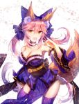  1girl animal_ears bare_shoulders blue_legwear breasts cleavage collarbone deep_(deep4946) fate/extra fate/extra_ccc fate/grand_order fate_(series) fox_ears fox_shadow_puppet fox_tail hair_ornament hair_ribbon japanese_clothes large_breasts looking_at_viewer open_mouth petals pink_hair ribbon simple_background solo tail tamamo_(fate)_(all) tamamo_no_mae_(fate) white_background yellow_eyes 