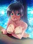  1girl :d antenna_hair arm_support bangs bare_arms bare_shoulders bikini_top black_hair blue_bow blue_eyes blush bow breast_hold breasts cleavage collarbone erect_nipples fang ganaha_hibiki hair_between_eyes hair_bow highres idolmaster kaiga long_hair looking_at_viewer medium_breasts open_mouth partially_submerged ponytail scrunchie shiny shiny_skin smile solo tareme upper_body very_long_hair water wet white_bikini_top wrist_scrunchie 