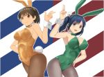  2girls animal_ears arm_up blue_eyes blue_hair bow bowtie breasts brown_eyes brown_hair brown_legwear cleavage contrapposto cowboy_shot detached_collar eyebrows_visible_through_hair fake_animal_ears green_leotard h hair_tie hairband hand_on_hip highres hiryuu_(kantai_collection) kantai_collection large_breasts leaning_forward leotard looking_at_viewer masukuza_j multiple_girls one_side_up pantyhose pink_background rabbit_ears short_hair simple_background smile souryuu_(kantai_collection) twintails wrist_cuffs yellow_leotard 