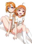  2girls :d ahoge back-to-back bangs blue_eyes blush bow braid clover_hair_ornament commentary_request eyebrows_visible_through_hair four-leaf_clover_hair_ornament gym_uniform hair_bow hair_ornament hairband highres kneehighs kousaka_honoka looking_at_viewer looking_back love_live! love_live!_school_idol_project love_live!_sunshine!! multiple_girls name_tag one_side_up open_mouth orange_hair orange_ribbon red_eyes ribbon shoes short_sleeves side_braid simple_background sitting smile takami_chika uwabaki white_background white_legwear yellow_bow yopparai_oni 