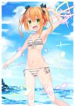  1girl absurdres arm_up bangs beach bikini black_ribbon breasts brown_bikini clouds cloudy_sky day eyebrows_visible_through_hair front-tie_bikini front-tie_top green_eyes hair_ribbon highres kaitou_tenshi_twin_angel looking_at_viewer maechuu minazuki_haruka_(twin_angel) navel ocean open_mouth orange_hair outdoors ribbon short_hair side-tie_bikini sky small_breasts solo sparkle standing striped striped_bikini swimsuit twin_angel twintails 