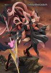  10s 1girl black_legwear blue_eyes breasts cape cleavage covered_navel full_body leotard link_(aa30) long_hair looking_to_the_side maria_cadenzavna_eve medium_breasts pink_hair polearm profile senki_zesshou_symphogear solo spear thigh-highs twitter_username very_long_hair weapon 