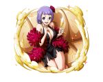  1girl :d black_dress blue_eyes bodskih breasts carina_(one_piece) cleavage couch dress earrings flower hair_flower hair_ornament holding_glass huge_breasts index_finger_raised jewelry looking_at_viewer one_piece open_mouth purple_hair red_flower shiny shiny_skin short_dress short_hair sitting sleeveless sleeveless_dress smile solo transparent_background 