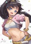  1girl belt black_hair blue_eyes bracelet breasts commentary_request crop_top cropped_jacket dated denim denim_shorts fang floating_hair flying_sweatdrops ganaha_hibiki hair_ornament hands_on_hips head_tilt high_ponytail highres idolmaster jewelry long_hair looking_at_viewer midriff navel necklace open_mouth pink_jacket ponytail shorts simple_background small_breasts solo suzuno_(bookshelf) sweat 