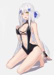  1girl :o alternate_costume arm_at_side backless_outfit bangs bare_arms bare_legs bare_shoulders barefoot black_swimsuit blue_ribbon blunt_bangs breasts casual_one-piece_swimsuit center_opening cleavage collarbone echj full_body girls_frontline green_eyes hair_ornament hair_ribbon hairclip hand_on_own_chest hk416_(girls_frontline) kneeling long_hair looking_at_viewer medium_breasts navel one-piece_swimsuit one_side_up open_mouth ribbon silver_hair sketch solo stomach swimsuit very_long_hair 