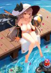  1girl :d absurdres afloat arm_at_side ball bangs bare_arms bare_shoulders barefoot beachball bikini black_bow black_jacket blush body_writing bow box breast_tattoo breasts brown_hair character_name collarbone cup day drink drinking_glass drinking_straw fingernails girls_frontline hat hat_bow highres hpb8642 index_finger_raised ithaca_m37_(girls_frontline) jacket knees_together_feet_apart large_breasts leaning_forward long_hair long_sleeves looking_at_viewer nail_polish open_clothes open_jacket open_mouth orange_eyes petals pier pink_nails sitting sleeves_past_wrists smile soaking_feet solo sun_hat swimsuit tattoo thigh_gap towel water white_bikini white_hat 